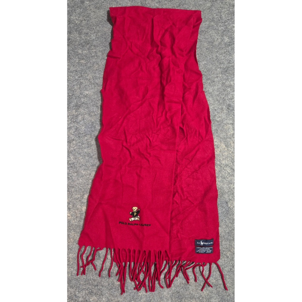 Vintage Polo Ralph Lauren Red Lambswool Scarf Polo Bear Made in Scotland 59"x11"